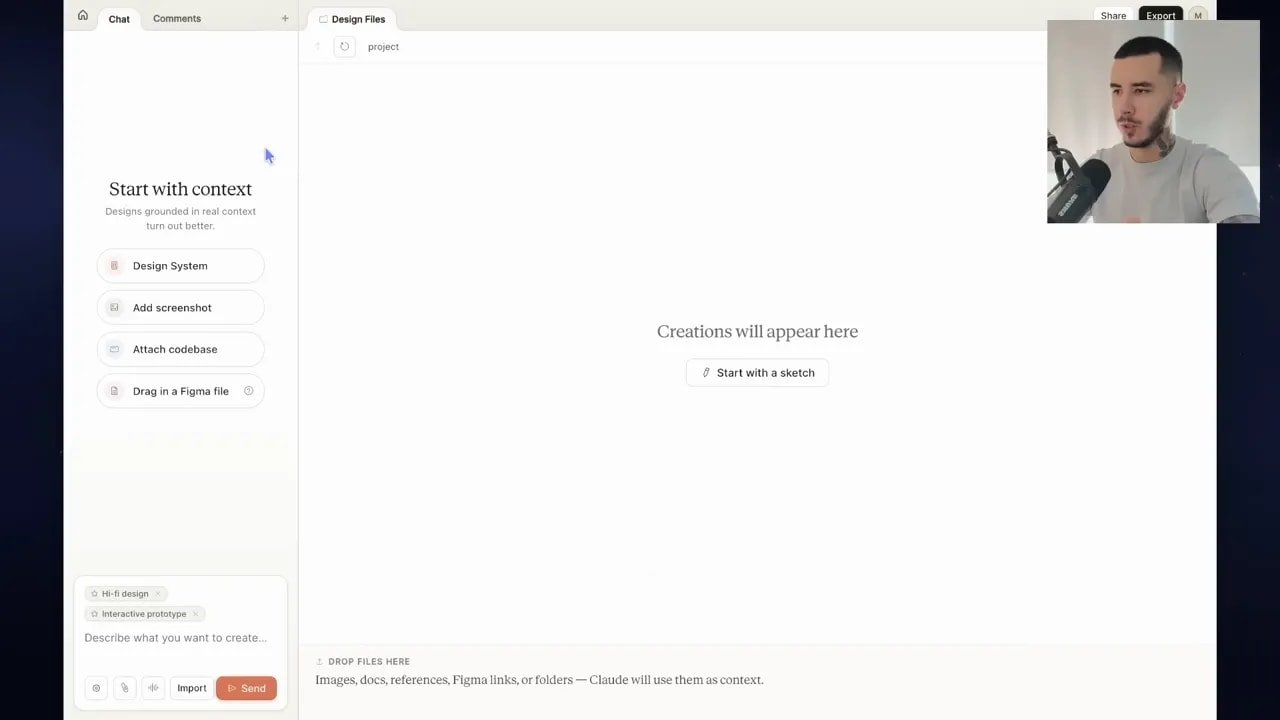 Interface Claude Design affichant “Start with context” et les options Design System, Add screenshot, Attach codebase, et import Figma