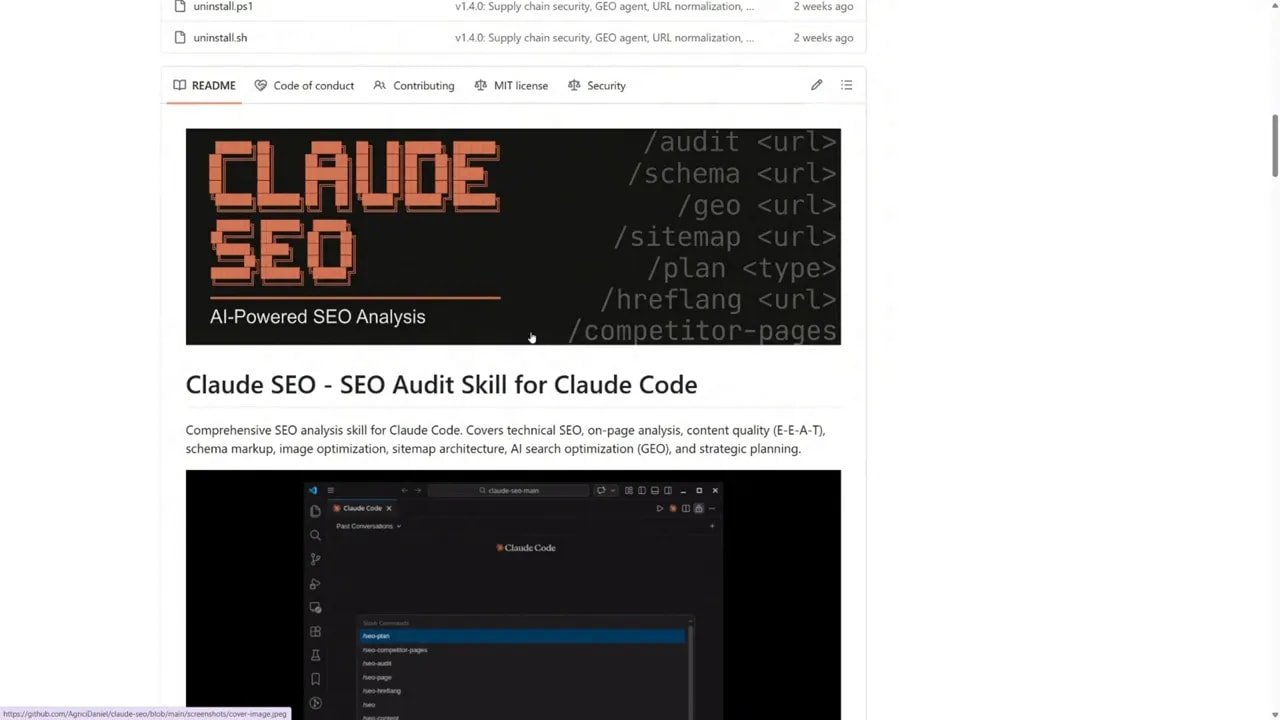 Capture d’écran d’un README montrant “Claude SEO - SEO Audit Skill for Claude Code” et un aperçu du workflow d’audit