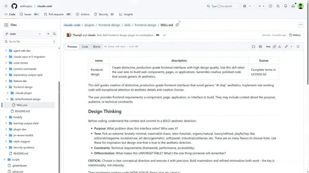 Capture d’écran GitHub montrant le fichier SKILL.md du skill Claude frontend-design (Design Thinking et règles de création d’interfaces).