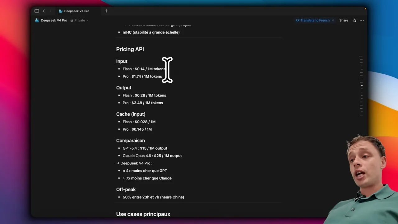 Capture d’écran Deepseek V4 Pro affichant input/output pricing et cache avec repères de comparaison