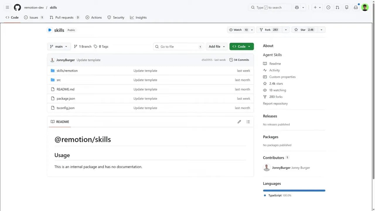 Capture d’écran du dépôt GitHub remotion-dev/skills affichant la section README et la liste des fichiers