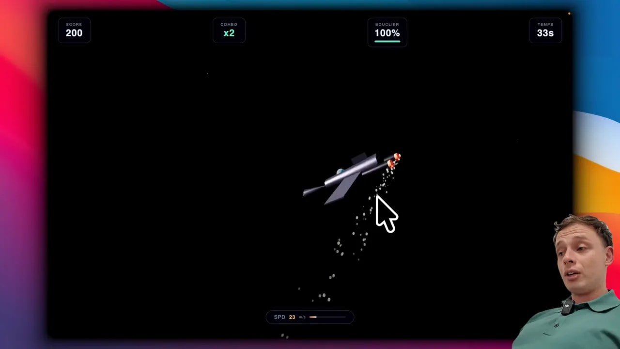 Capture d’écran jeu 3D tir à l’arc : flèche en trajectoire avec particules, HUD score/combo/temps