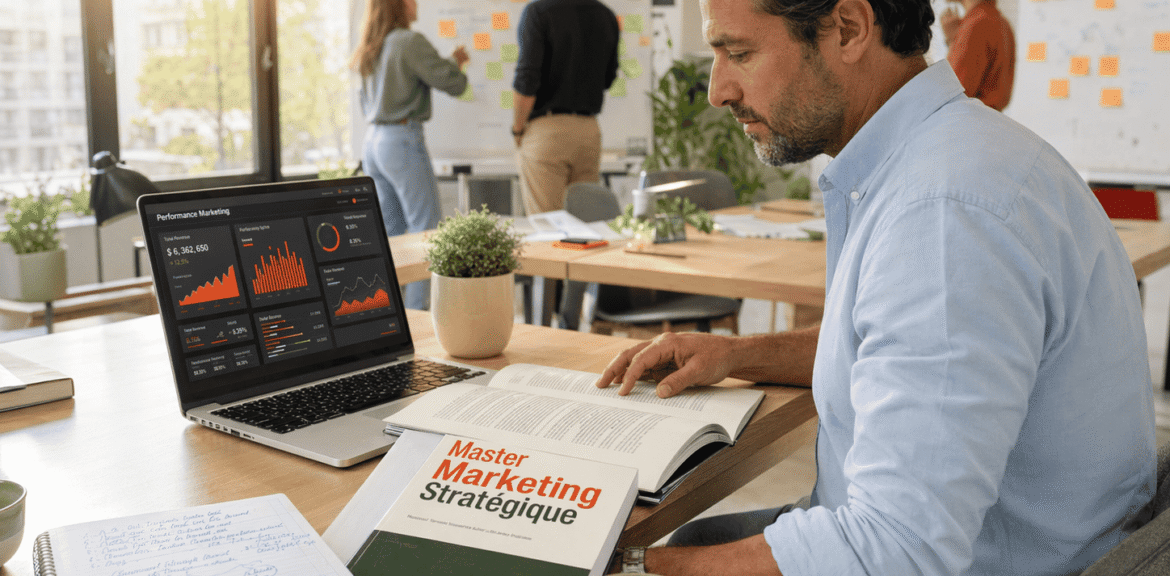 Cadre en reconversion professionnelle étudiant un master marketing sur son bureau moderne