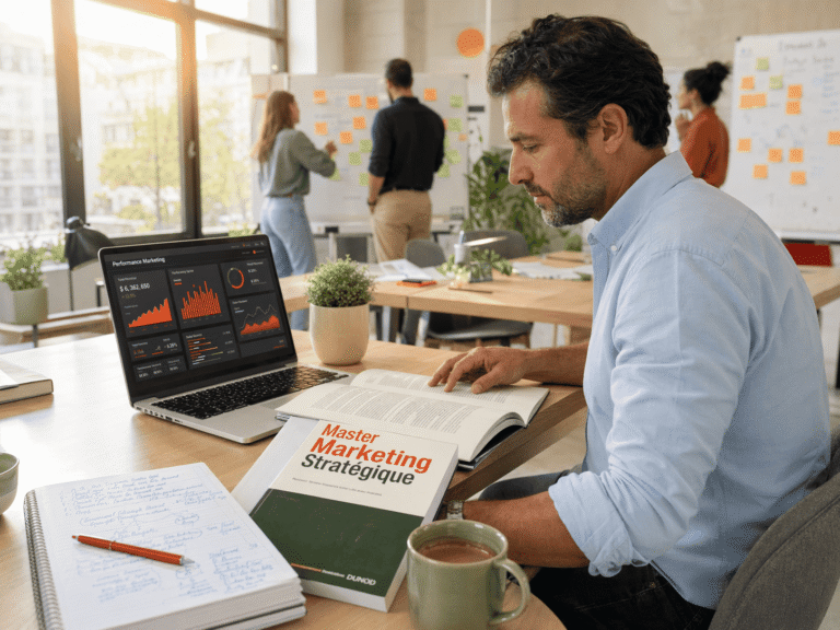 Blog 381 Cadre en reconversion professionnelle étudiant un master marketing sur son bureau moderne