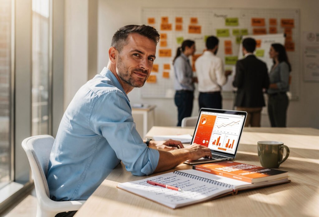  Homme en reconversion professionnelle en entreprise après un master marketing 