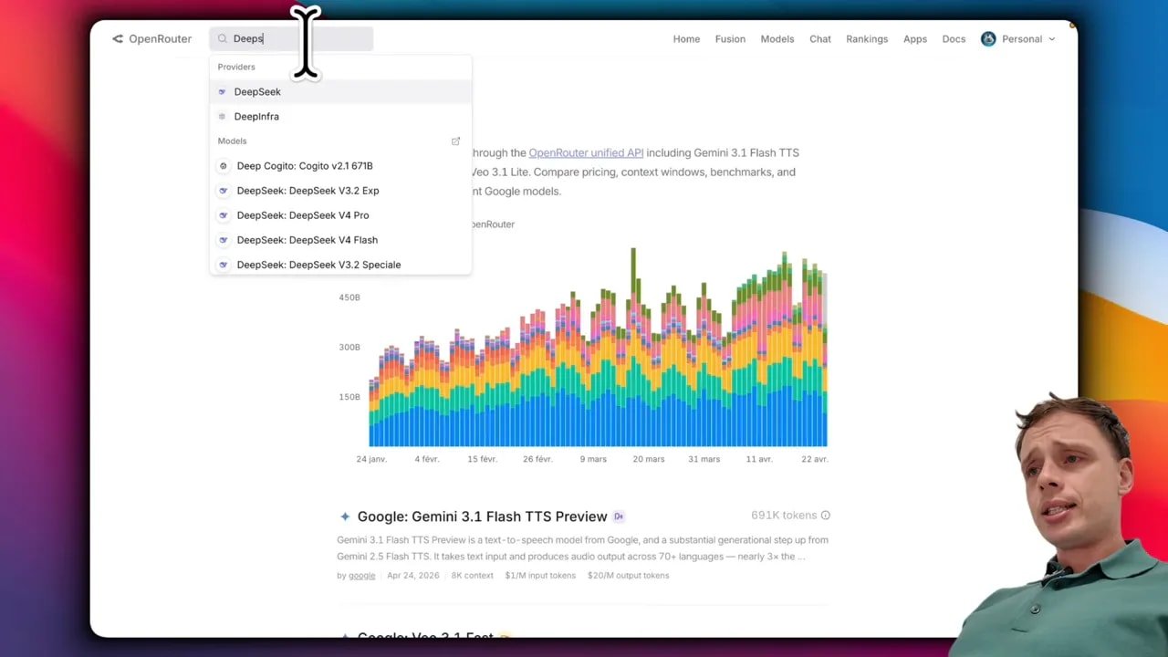 Capture OpenRouter montrant la liste des providers DeepSeek et la sélection de DeepSeek V4 Pro