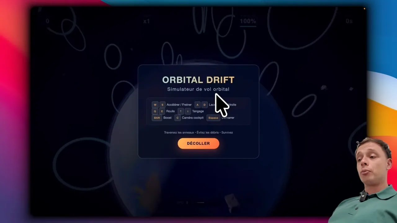 Bouton DÉCOLLER et commandes clavier affichés dans ORBITAL DRIFT