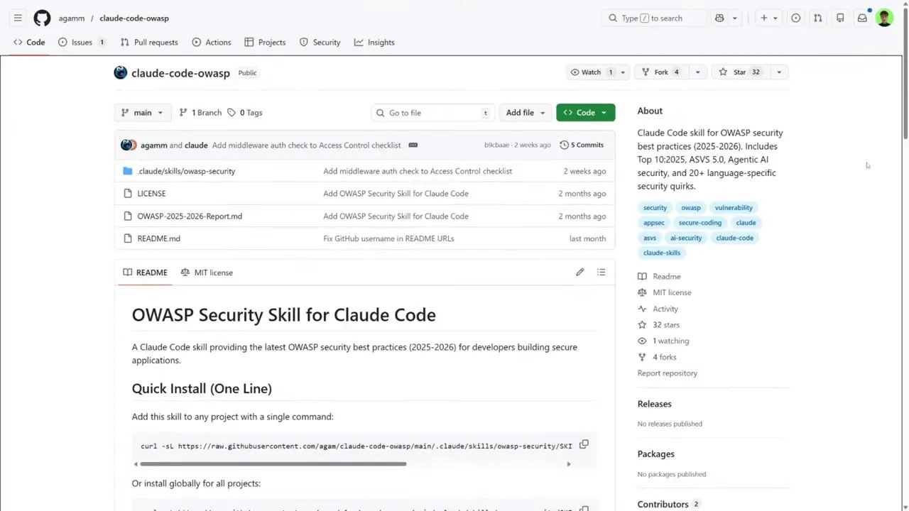 Capture d’écran du dépôt « OWASP Security Skill for Claude Code » sur GitHub