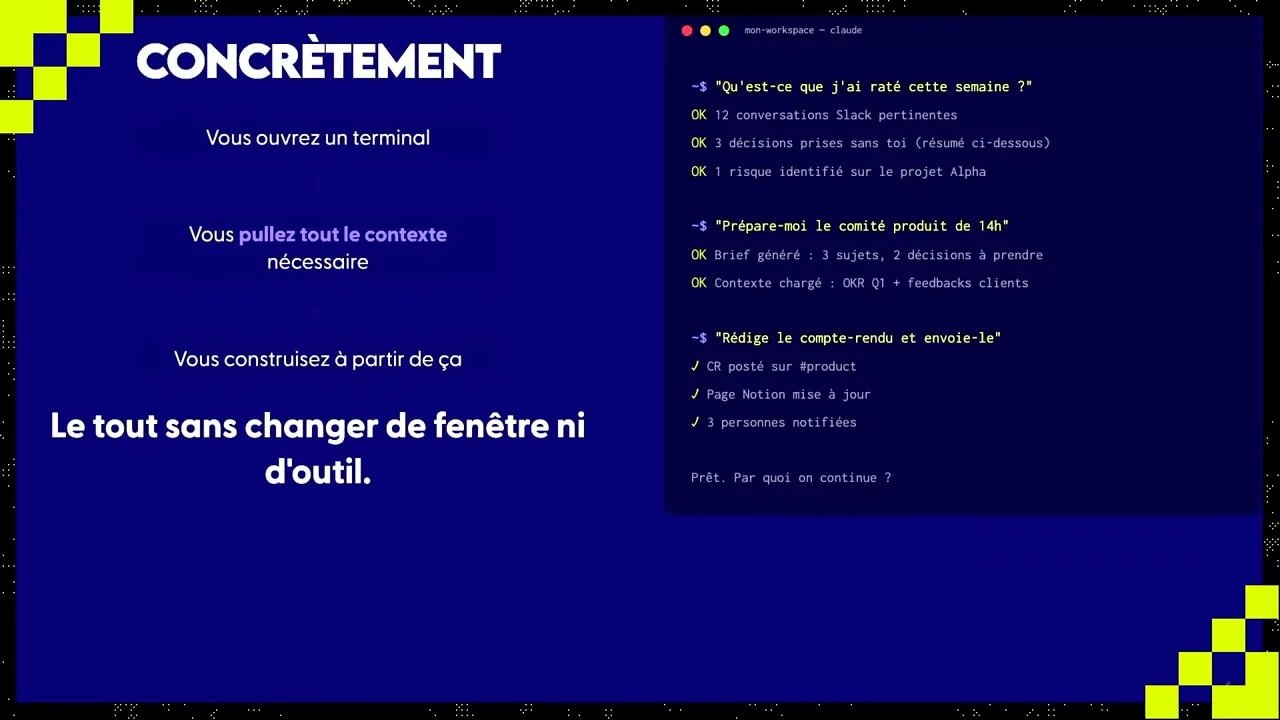 Présentation sur scène montrant le concept « Le tout sans changer de fenêtre ni d’outil » pour les Claude code agents
