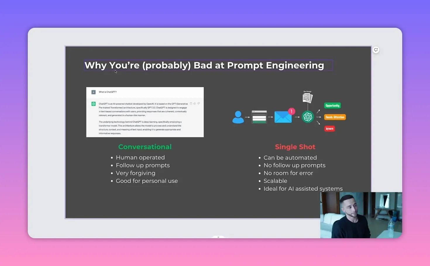 Schéma comparant le prompting conversationnel et le prompting single-shot pour des systèmes IA B2B