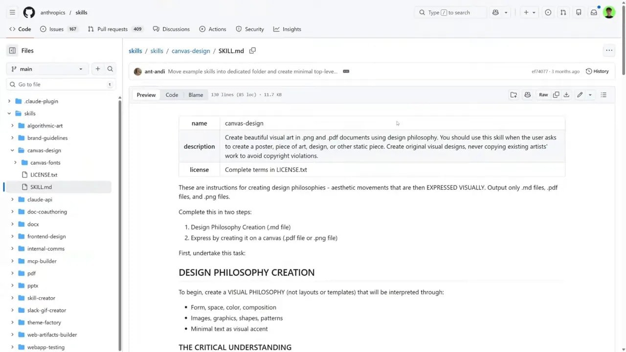 Capture d’écran : fichier de skill « canvas-design » (Claude Skills) avec la section « DESIGN PHILOSOPHY CREATION »