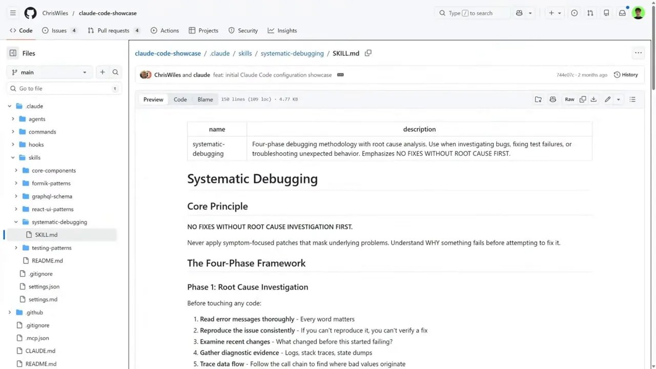 Capture d’écran d’un fichier SKILL.md intitulé “Systematic Debugging” montrant le principe “NO FIXES WITHOUT ROOT CAUSE FIRST”.