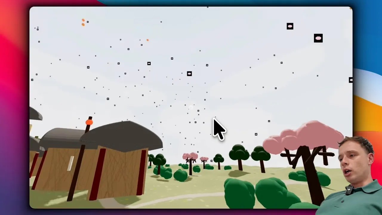 Capture d’écran 3D du village chinois avec particules tombantes dans le ciel