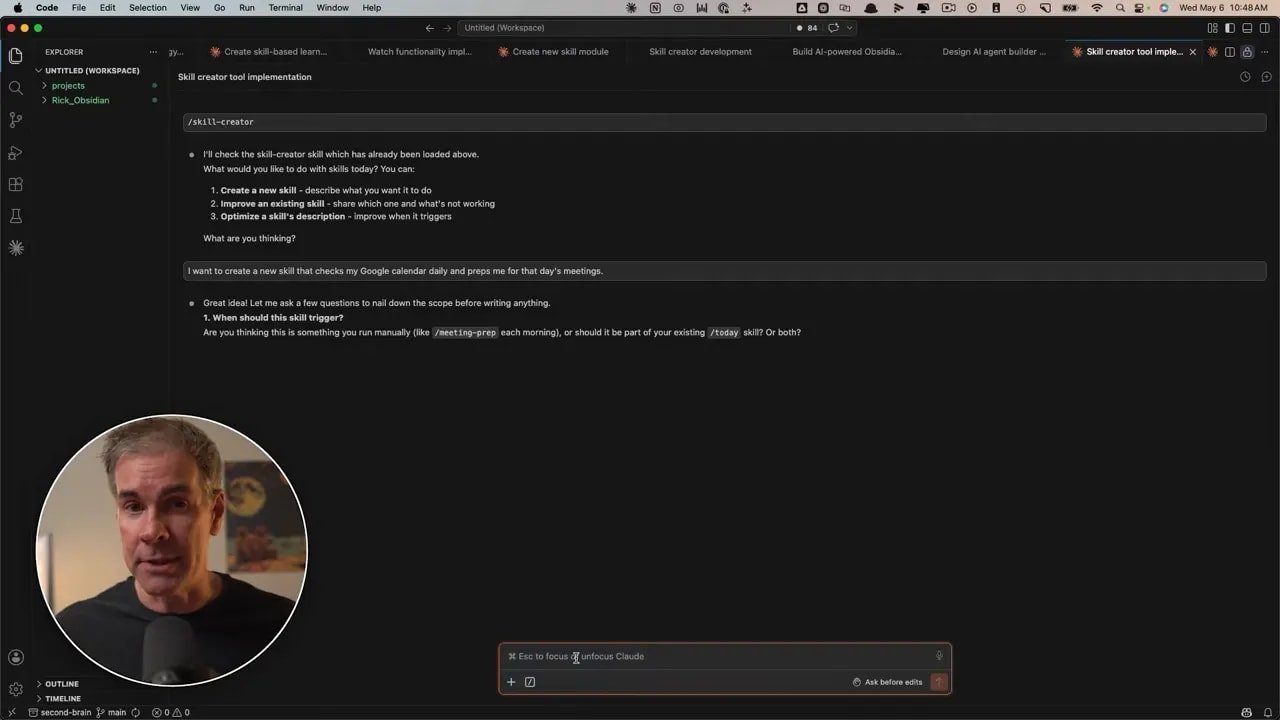 Interface Claude Code montrant la création d’une skill avec un exemple de préparation de réunions depuis Google Calendar