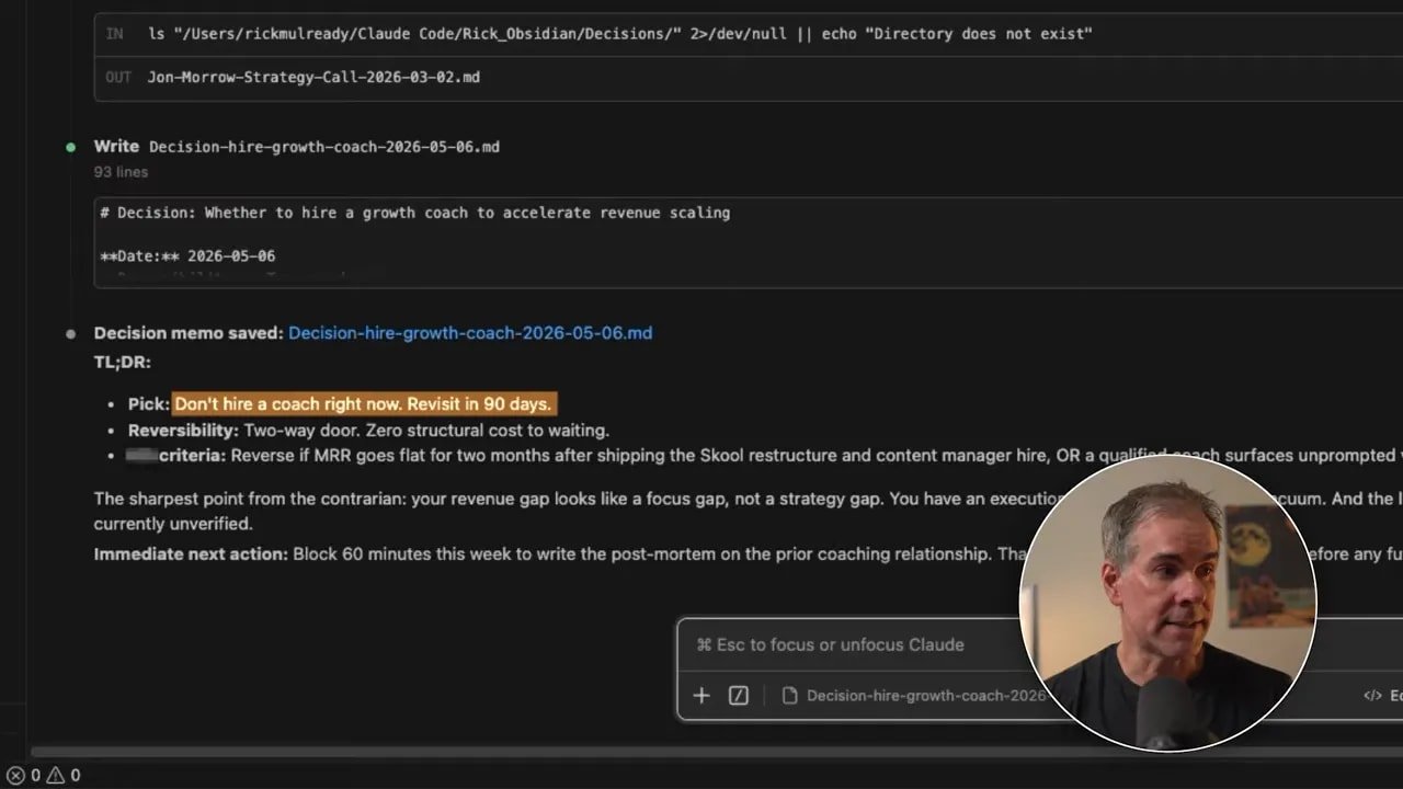 Section TL;DR d’un mémo de décision dans Obsidian avec recommandation et réévaluation à 90 jours