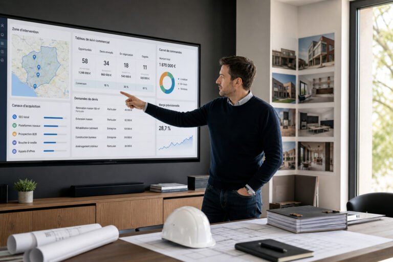 Blog 476 Dirigeant d’entreprise du bâtiment analysant plusieurs canaux pour trouver des chantiers rentables en 2026