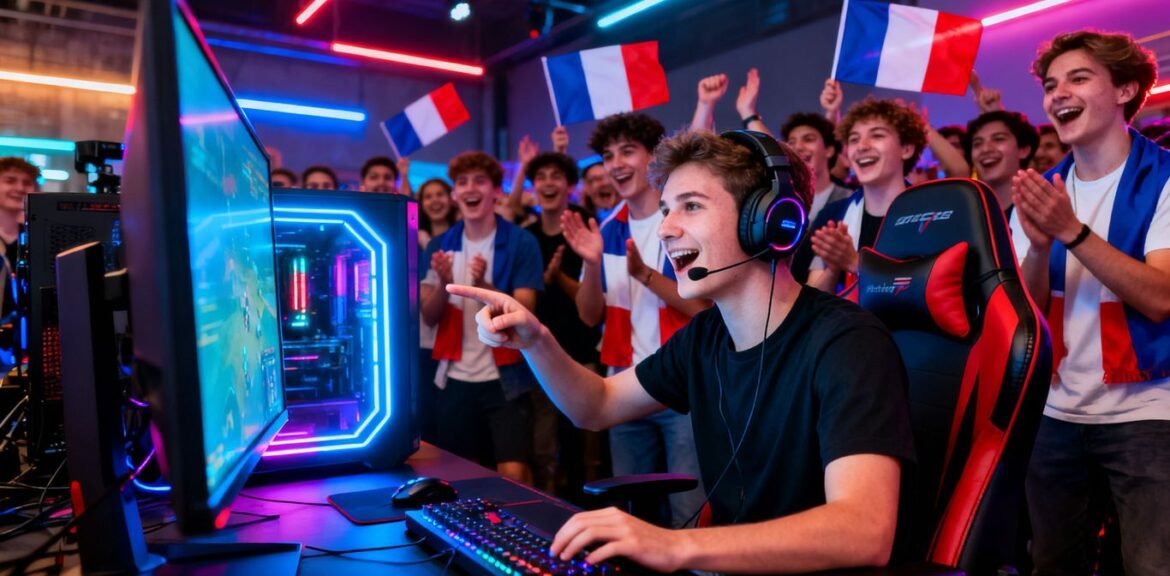 Foule enthousiaste devant un écran d'ordinateur en direct sur Twitch.