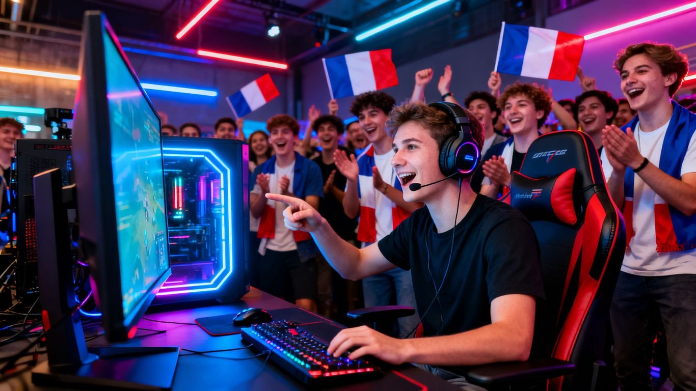 Foule enthousiaste devant un écran d'ordinateur en direct sur Twitch.