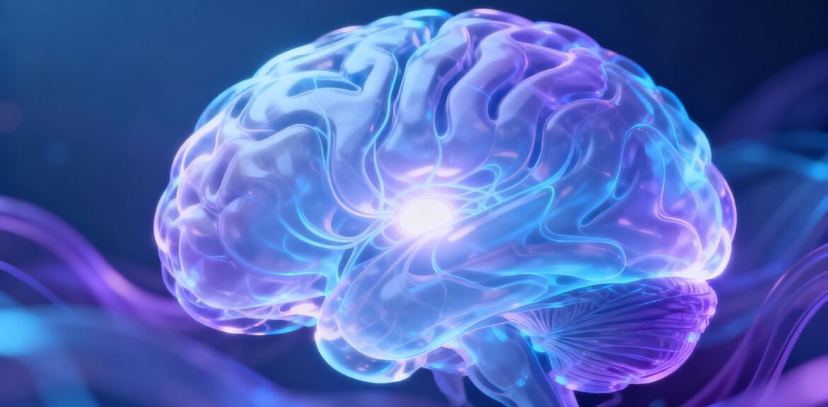 Cerveau IA stylisé avec des voies neuronales lumineuses.