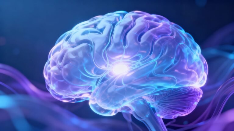 Cerveau IA stylisé avec des voies neuronales lumineuses.