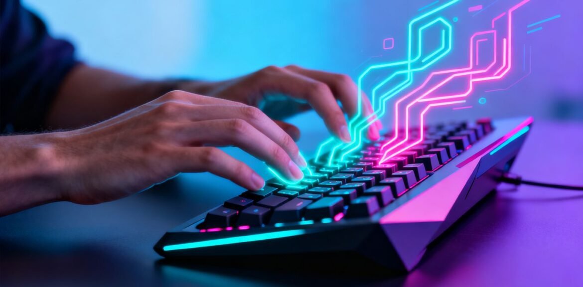 Mains tapant sur un clavier futuriste, créant des prompts IA.