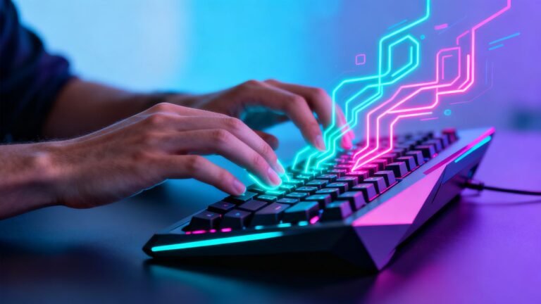 Mains tapant sur un clavier futuriste, créant des prompts IA.