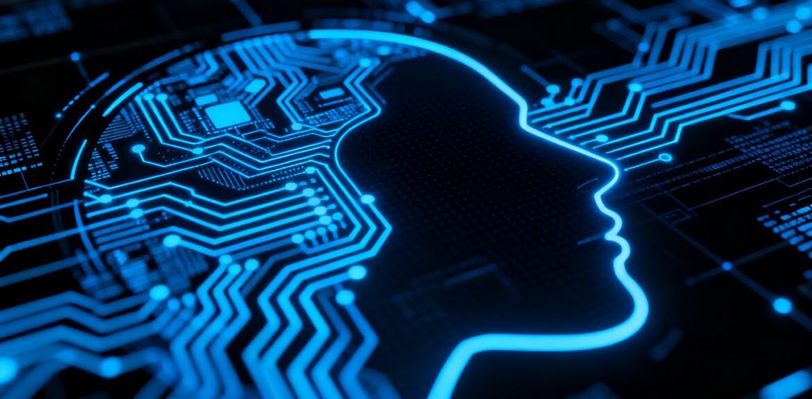 Interface IA futuriste avec circuits bleus lumineux