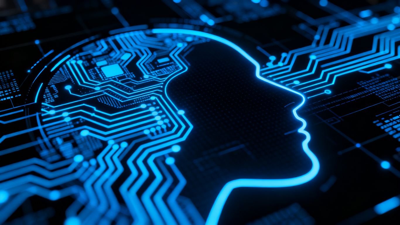 Interface IA futuriste avec circuits bleus lumineux