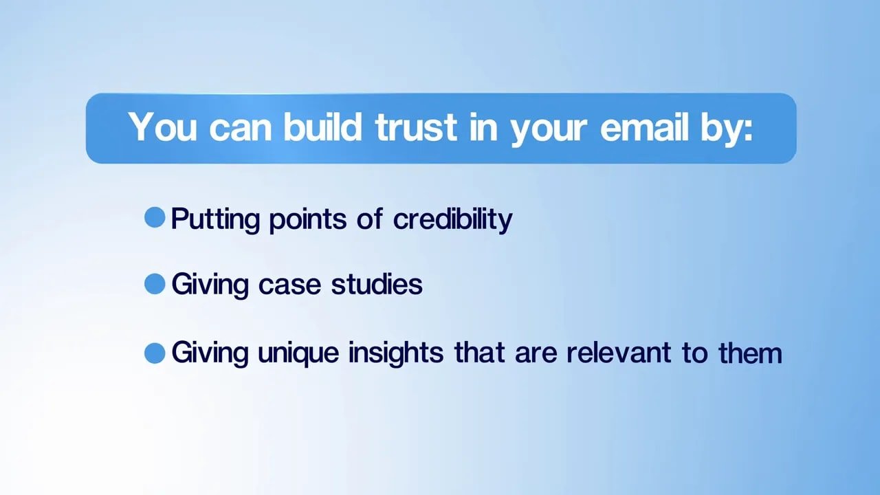 Cold email : les 8 erreurs qui bloquent vos rendez-vous et dégradent votre ROI 3 Liste à l'écran expliquant comment construire la confiance dans un email avec crédibilité, cas clients et insights