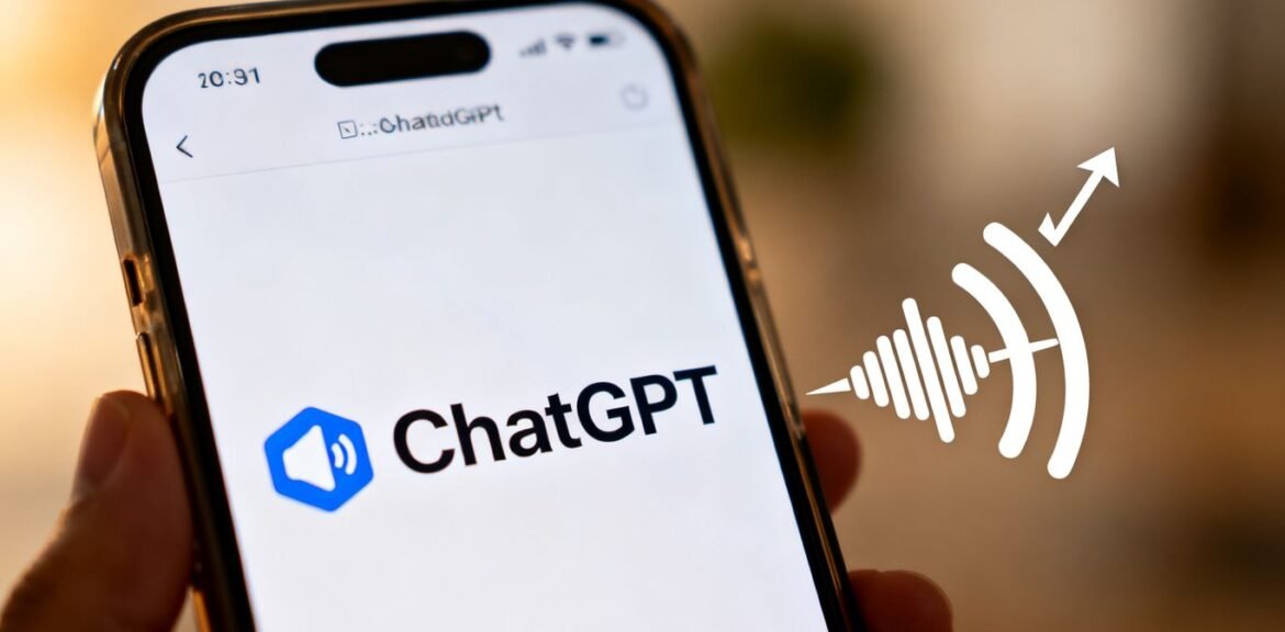 Interface ChatGPT avec onde sonore sortant du haut-parleur.