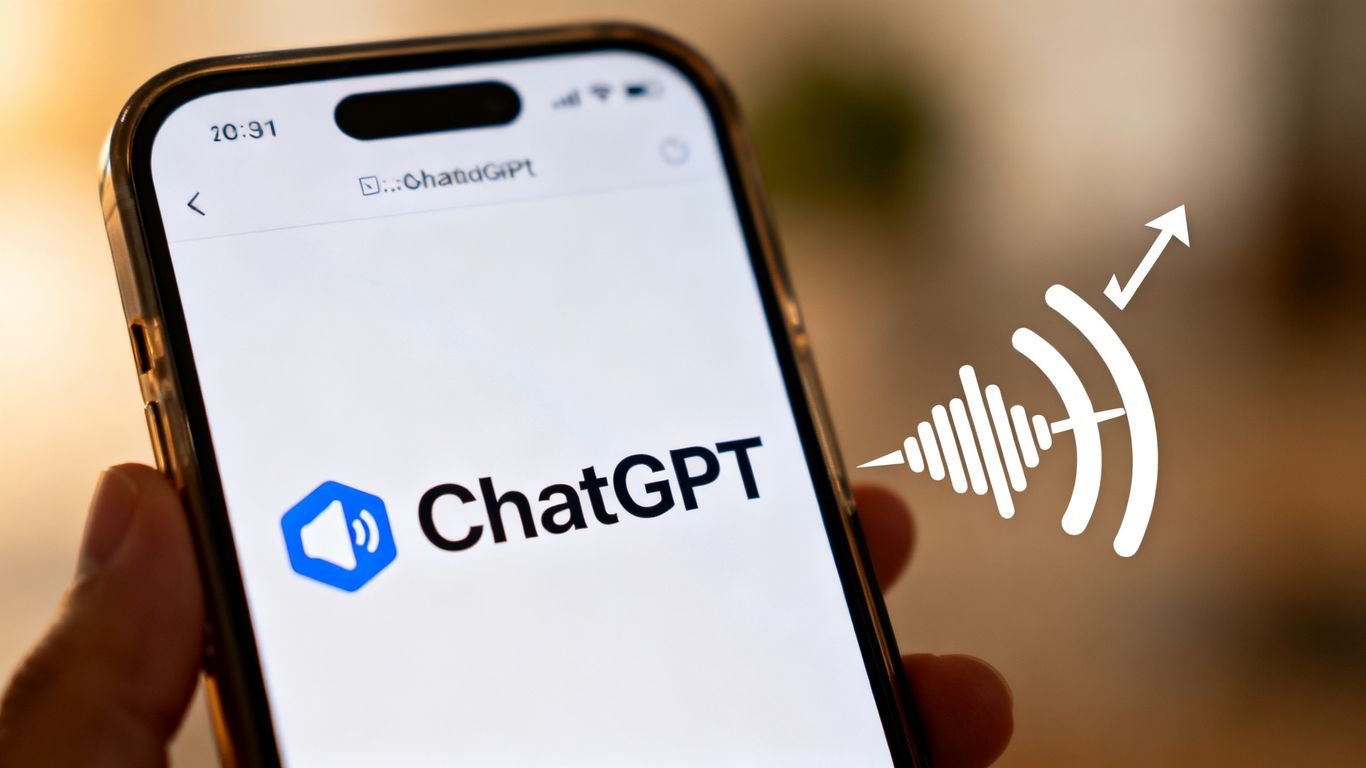 Interface ChatGPT avec onde sonore sortant du haut-parleur.