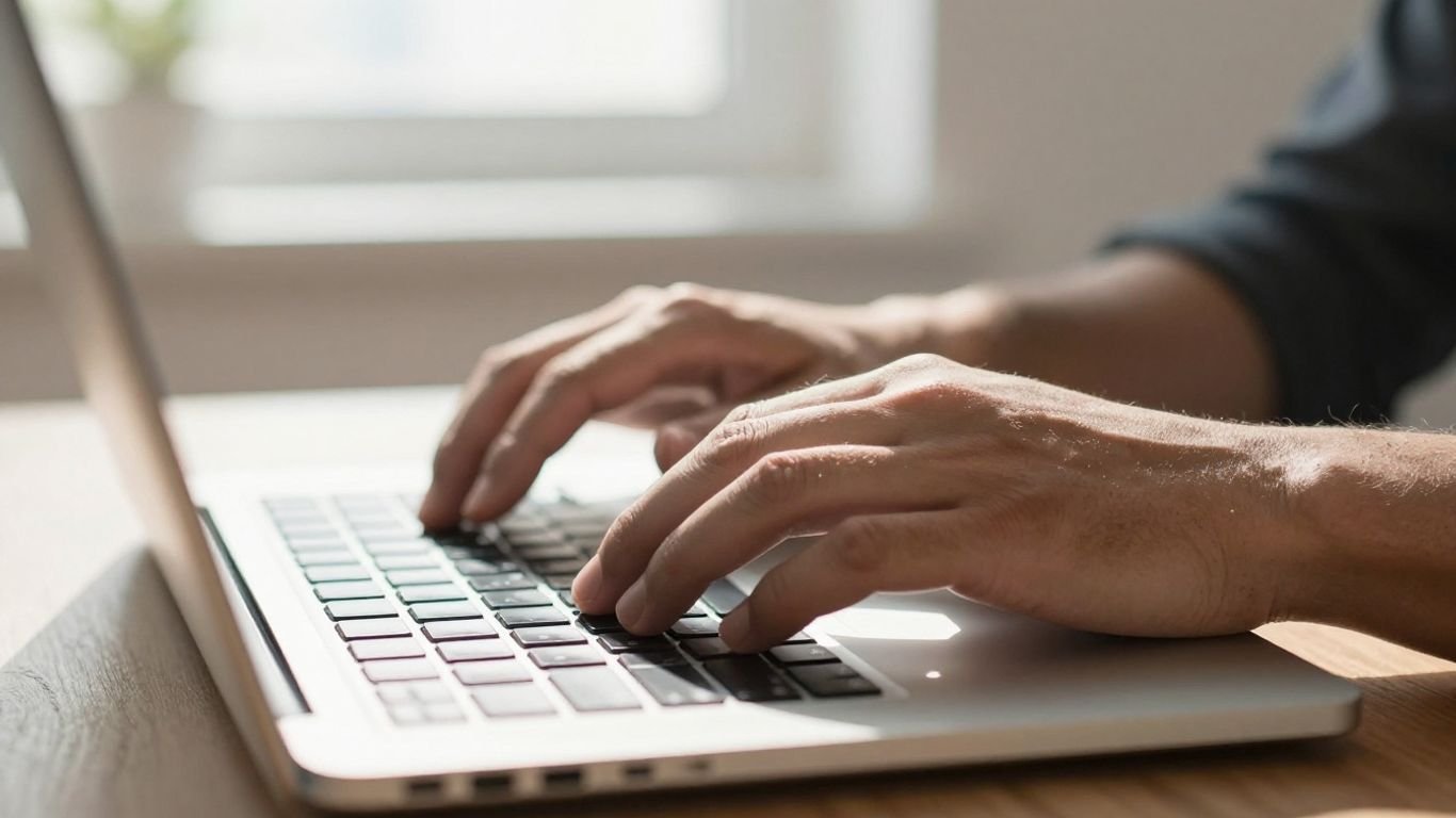 Mains tapant sur un clavier d'ordinateur portable.