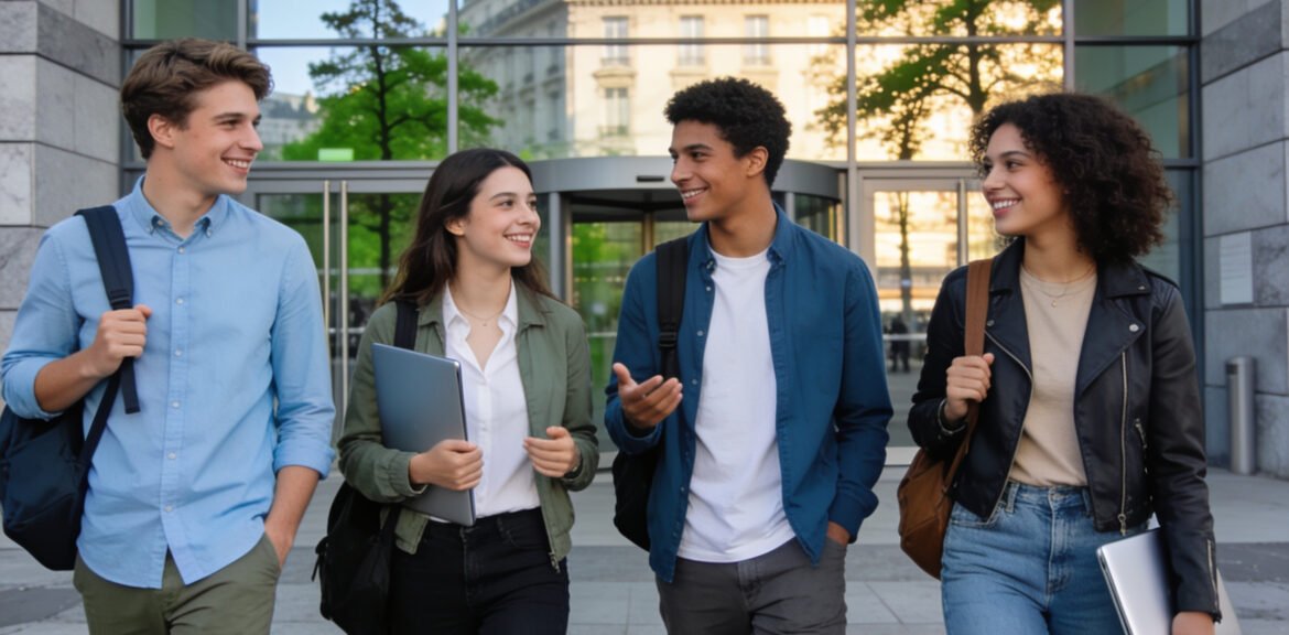 École de commerce Paris : réussir son choix d'école 1 Étudiants devant le campus moderne d'une école de commerce Paris