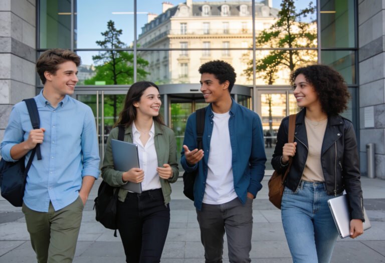 Étudiants devant le campus moderne d'une école de commerce Paris