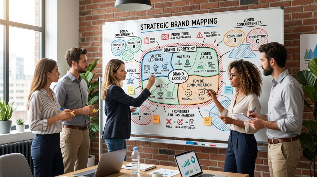 Illustration conceptuelle équipe de consultants cartographiant le territoire d’une marque sur un grand tableau stratégique
