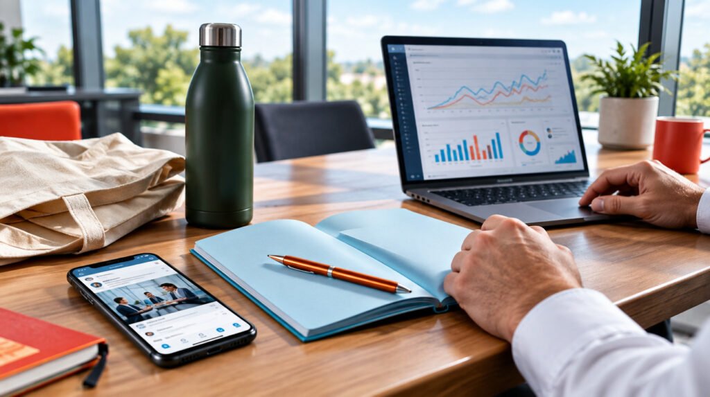 Communication par l'objet : pourquoi et comment l'intégrer à votre stratégie marketing ? 2 Communication par l'objet associant objets publicitaires durables, smartphone et outils de marketing digital sur un bureau professionnel.